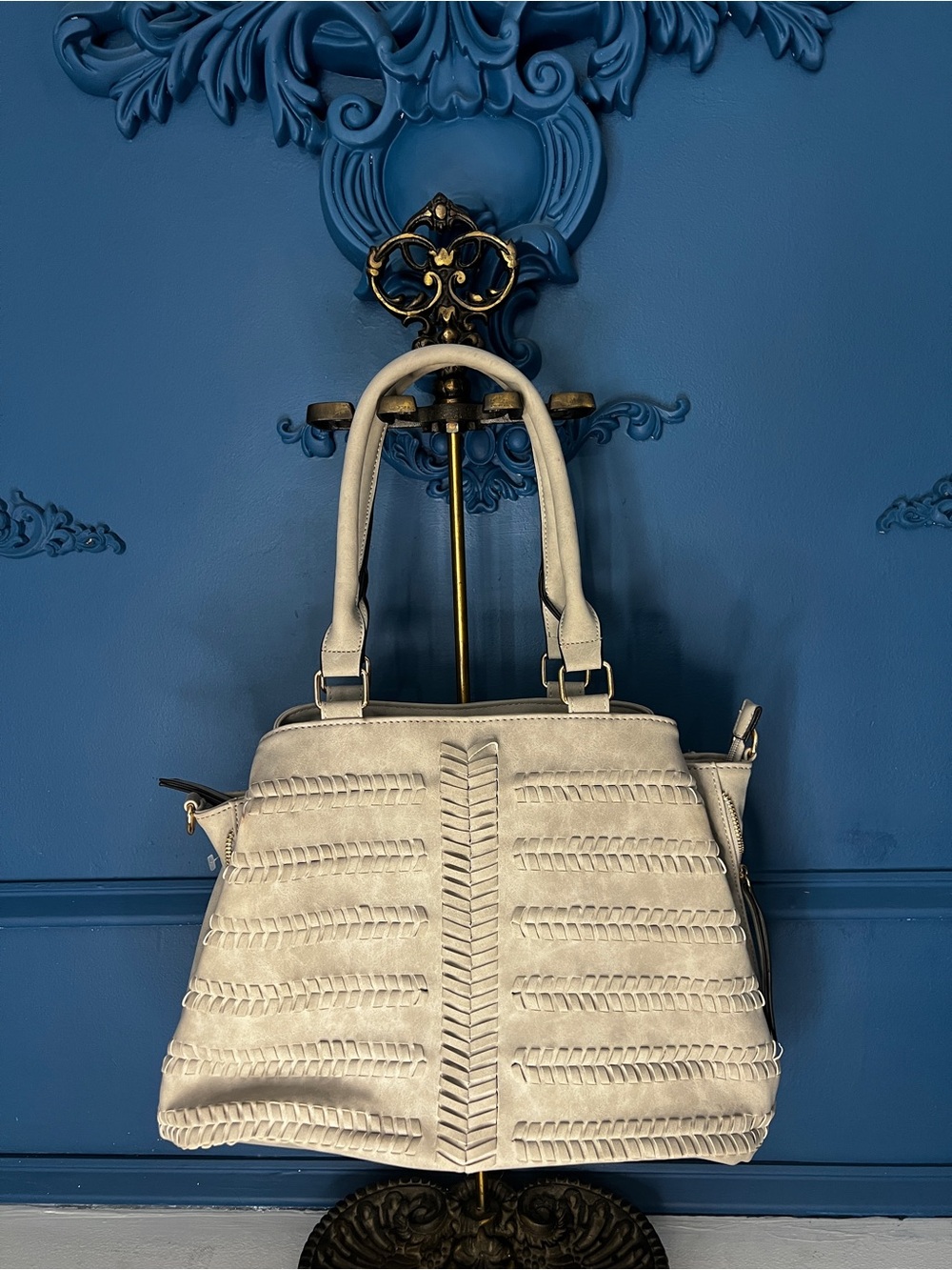 Cream Woven-Detail Satchel with Double Top Handles